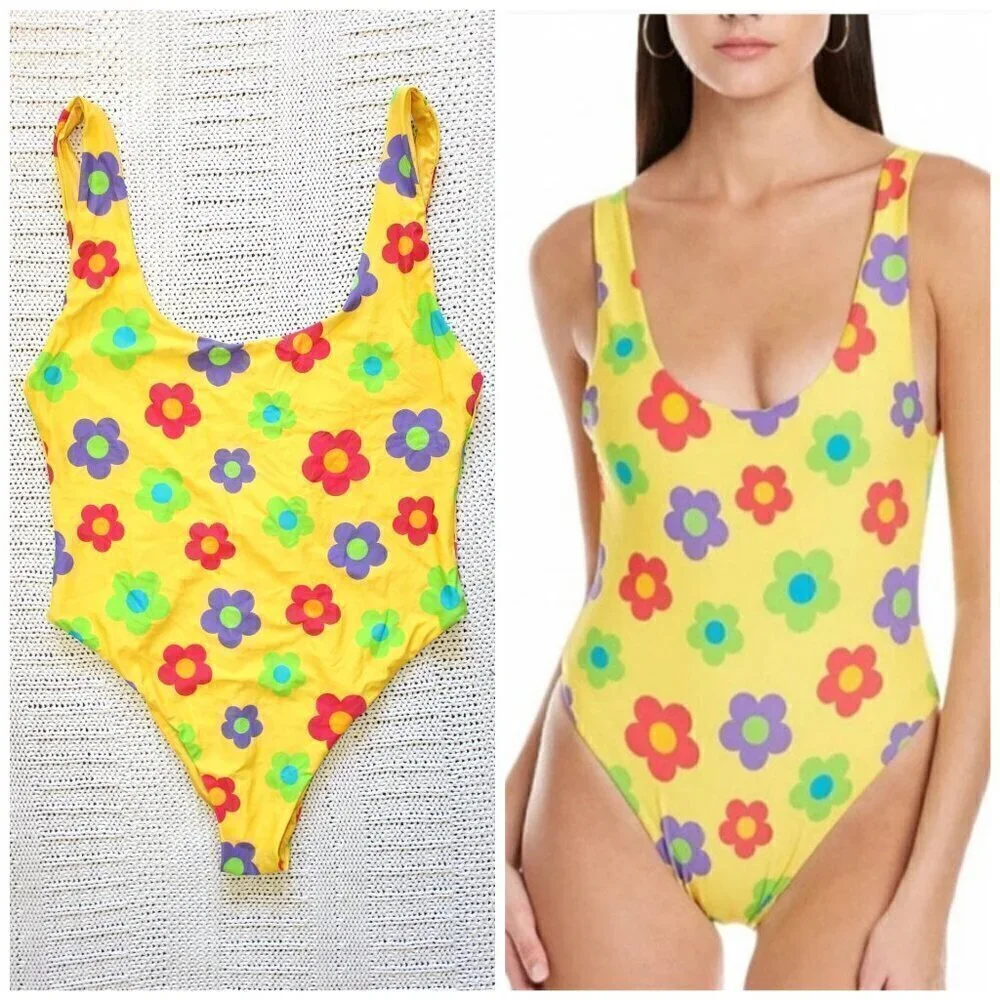 WeWoreWhat Yellow floral print swimsuit One piece open back Summer Size XL?